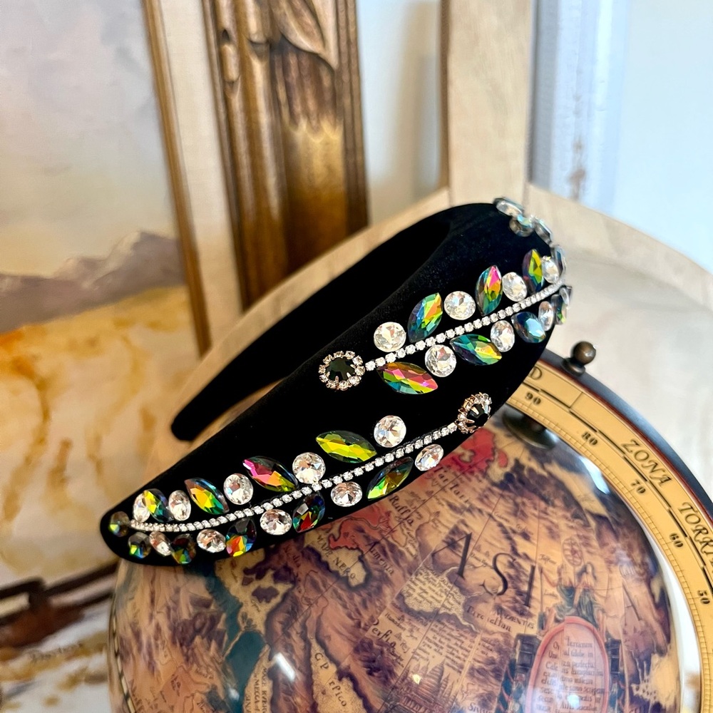 New! The “Royals” Aurora Borealis Black Crown Velvet Statement Bling Headband